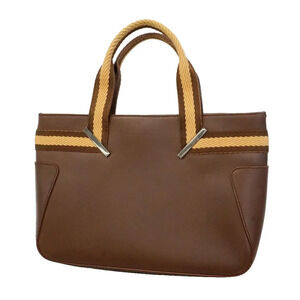 Gucci Web Leather Tote Bag Striped Trim Rolled Leather Handles Open Top Brown